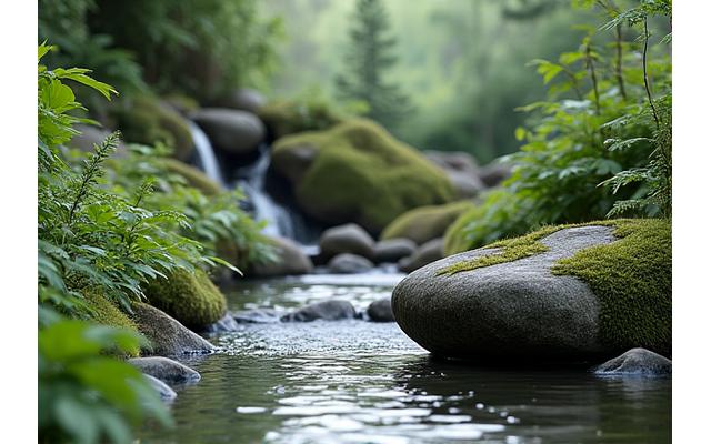 Ein friedlicher Meditationsgarten mit moosbewachsenen Steinen und einem kleinen Wasserfall