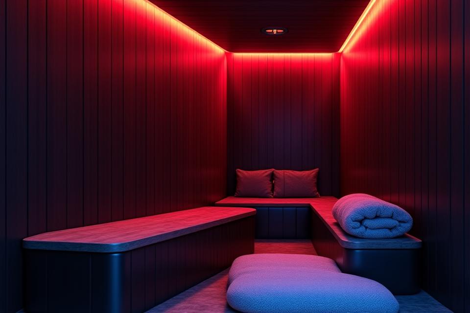Futuristisch anmutende Infrarotkabine mit stilvollen Holzpaneelen, integrierten roten Infrarotstrahlern und sanfter LED-Beleuchtung, die die moderne Technologie betont.